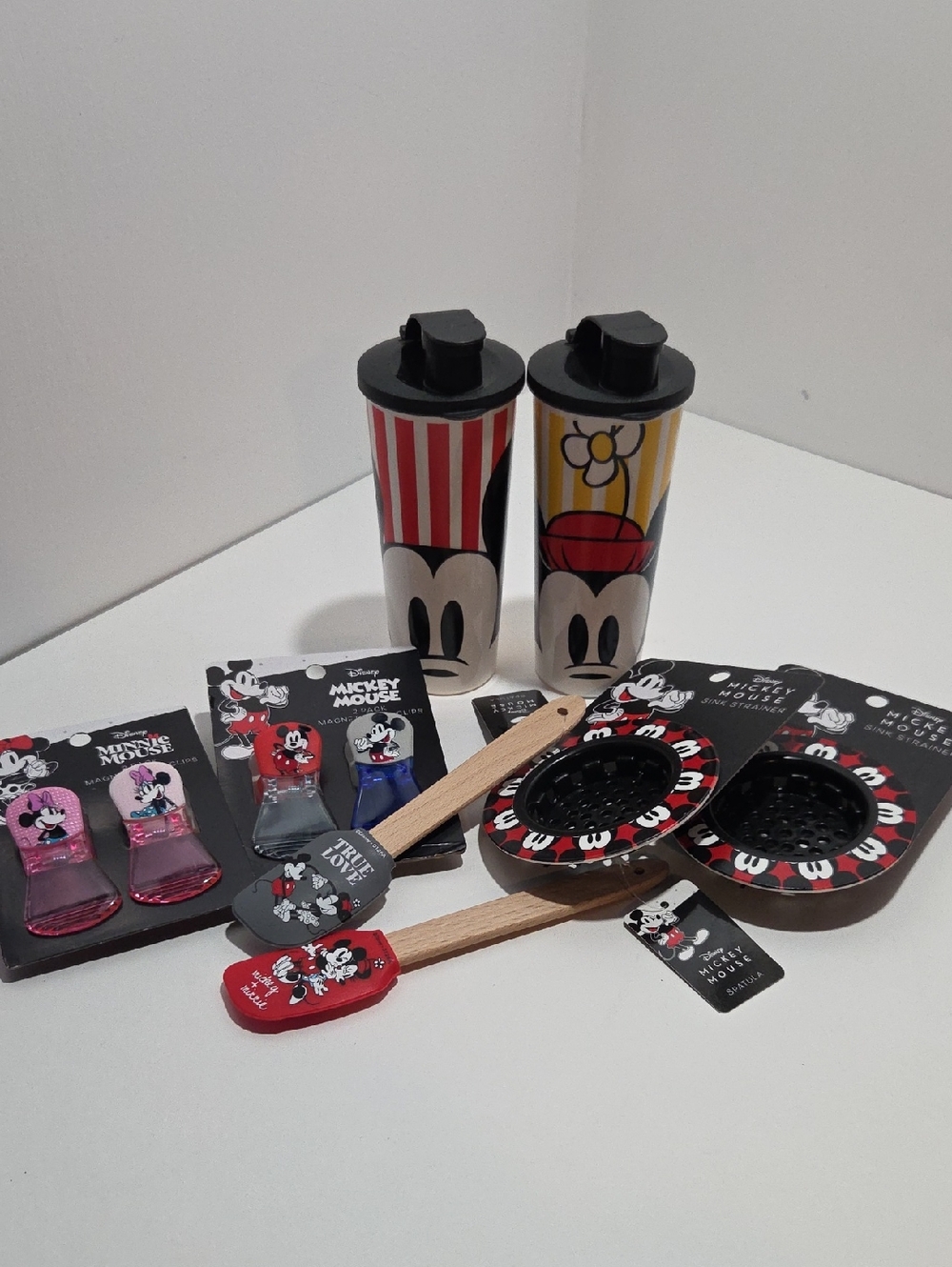 Mickey and Minnie Mouse Tupperware Tumblers, Sink Strainer, Chip Clips, Spatulas